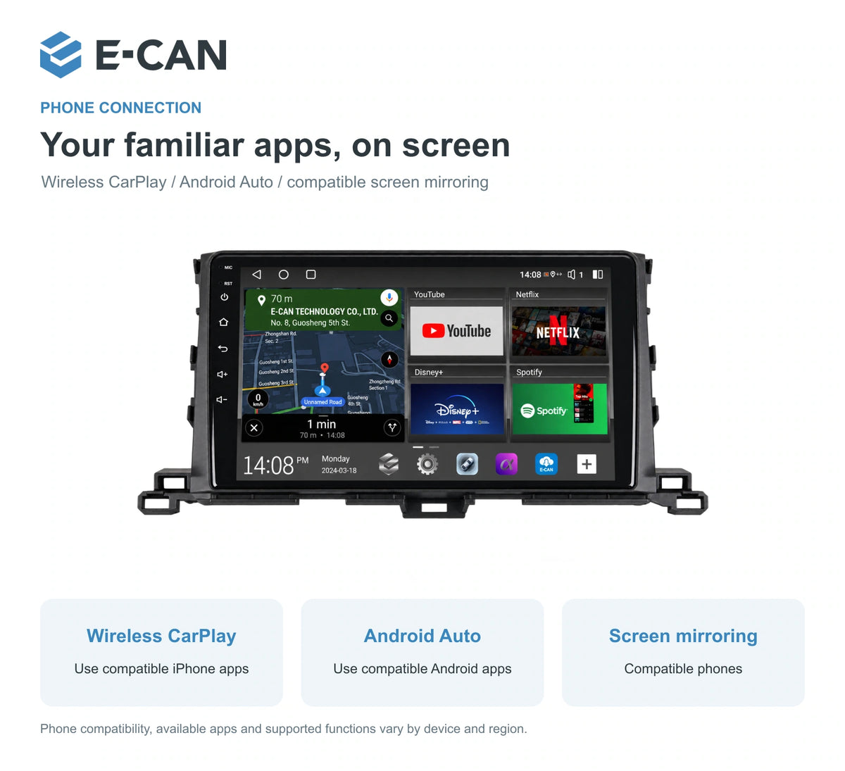 E-CAN Toyota highlander 10-inch · 2015–2019 matched fascia feature