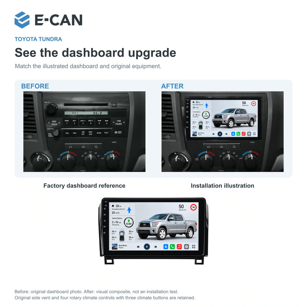 E-CAN Toyota tundra 10-inch · 2007–2013 matched fascia factory dashboard and installation illustration