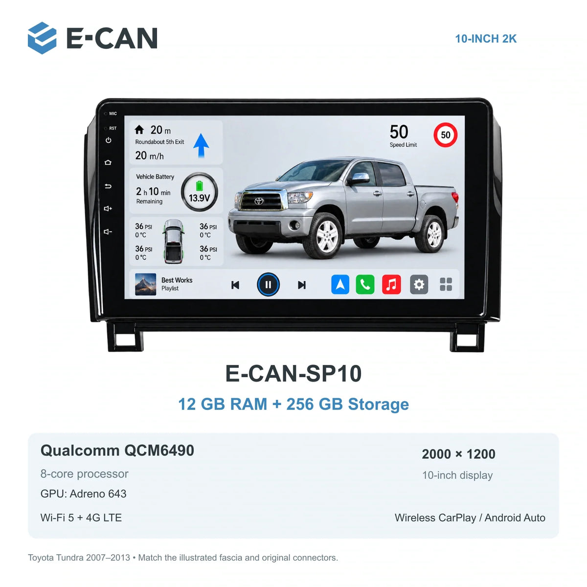 E-CAN Toyota tundra 10-inch · 2007–2013 matched fascia E-CAN-SP10 12GB + 256GB