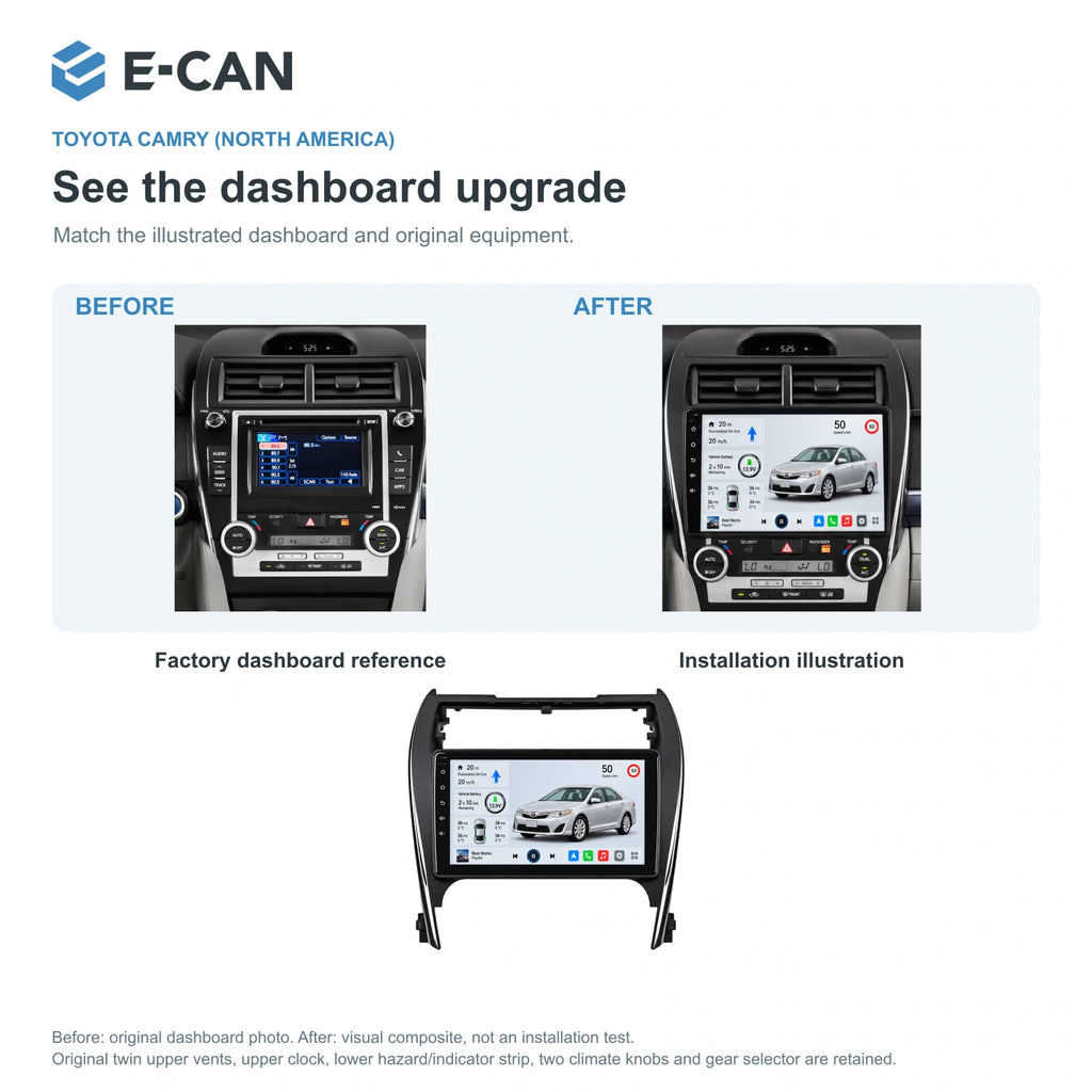 E-CAN Toyota camry North America · 2012–2014 factory dashboard and installation illustration