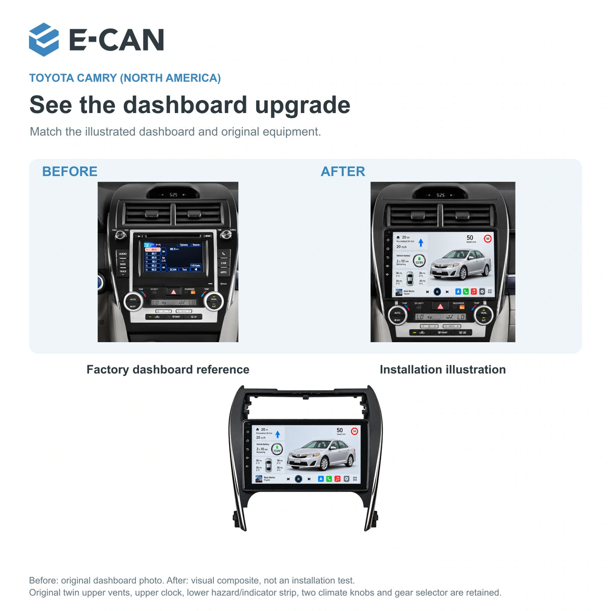 E-CAN Toyota camry North America · 2012–2014 factory dashboard and installation illustration