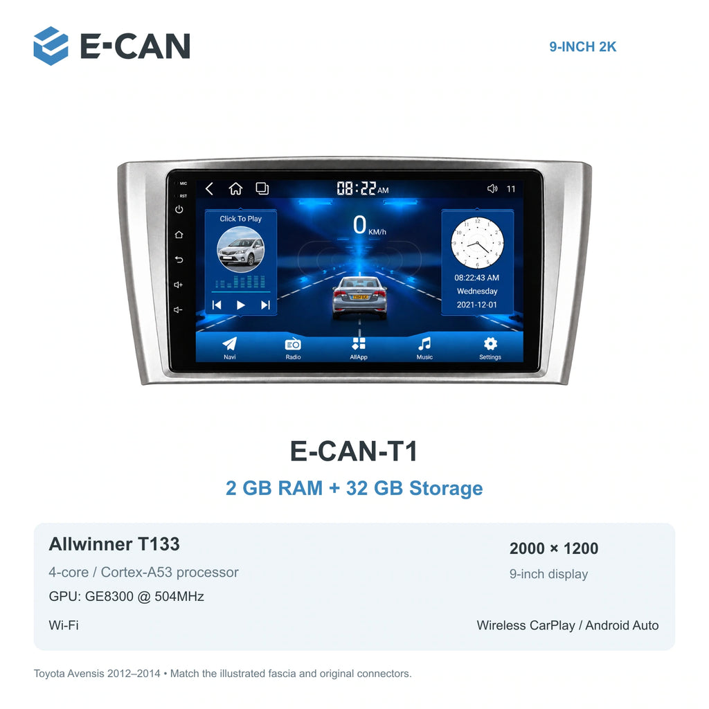 E-CAN Toyota avensis 9-inch · 2012–2014 matched fascia E-CAN-T1 2GB + 32GB