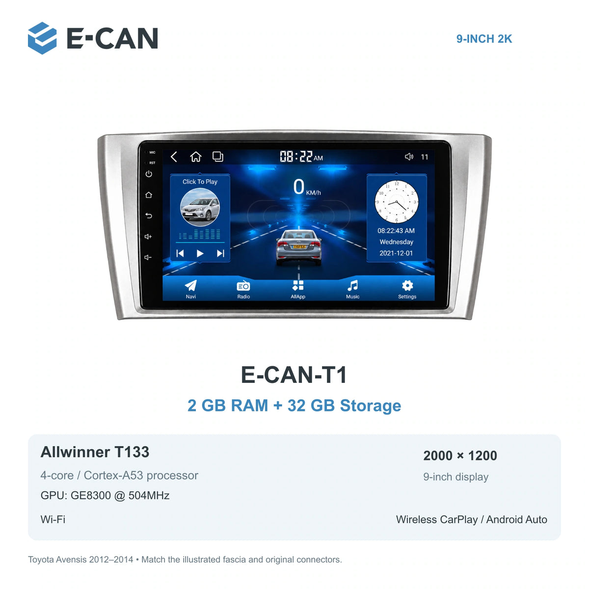 E-CAN Toyota avensis 9-inch · 2012–2014 matched fascia E-CAN-T1 2GB + 32GB
