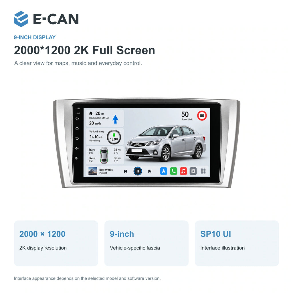 E-CAN Toyota avensis 9-inch · 2012–2014 matched fascia feature