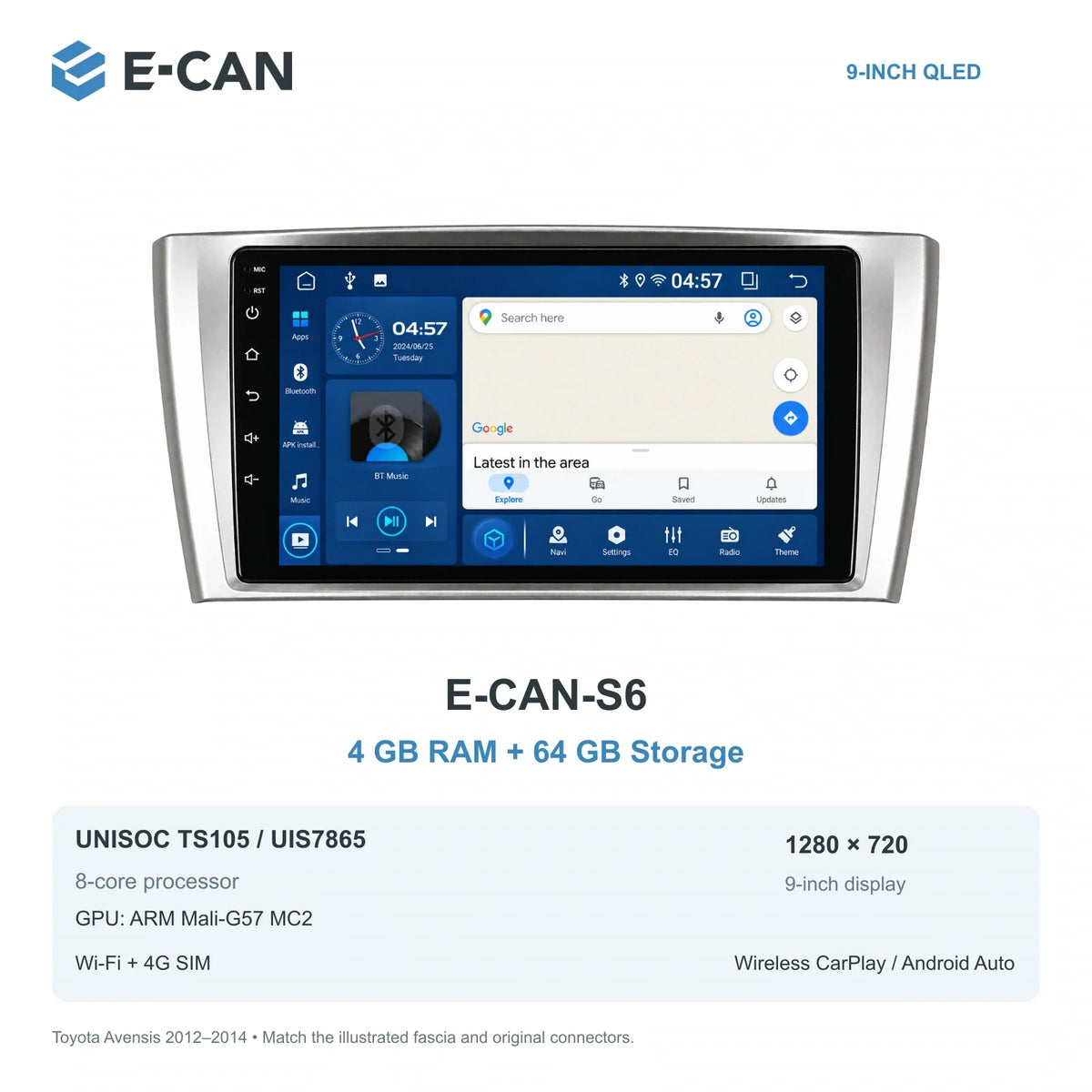E-CAN Toyota avensis 9-inch · 2012–2014 matched fascia E-CAN-S6 4GB + 64GB