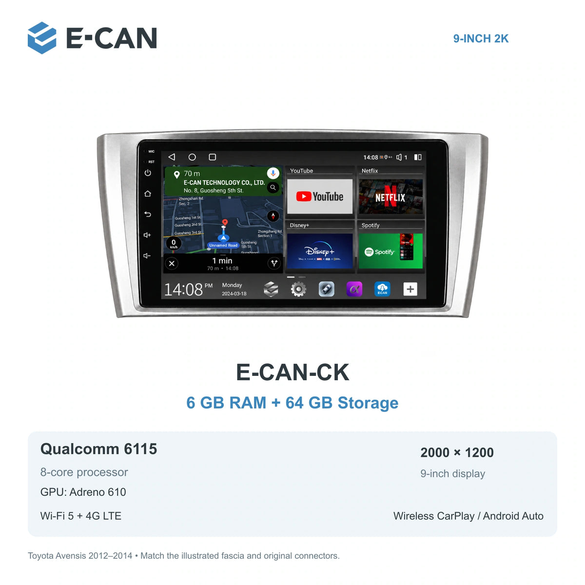 E-CAN Toyota avensis 9-inch · 2012–2014 matched fascia E-CAN-CK 6GB + 64GB