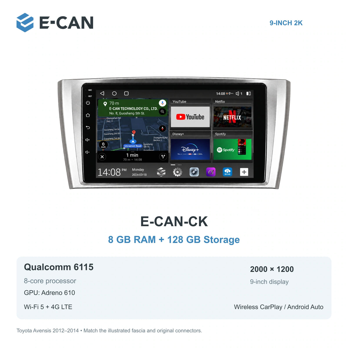 E-CAN Toyota avensis 9-inch · 2012–2014 matched fascia E-CAN-CK 8GB + 128GB