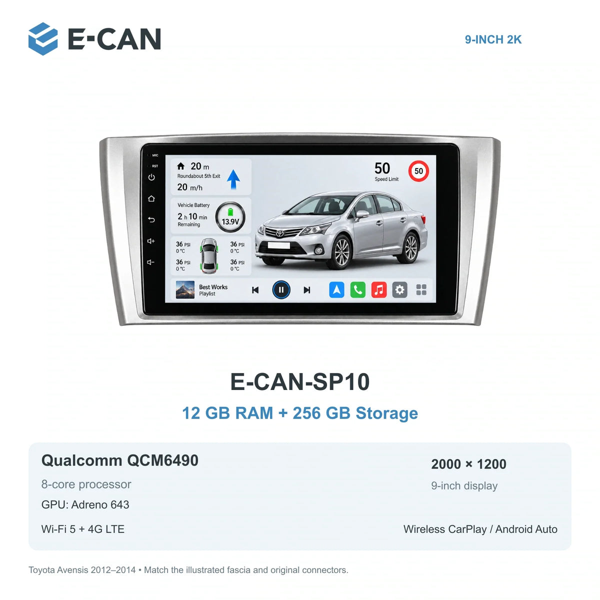 E-CAN Toyota avensis 9-inch · 2012–2014 matched fascia E-CAN-SP10 12GB + 256GB