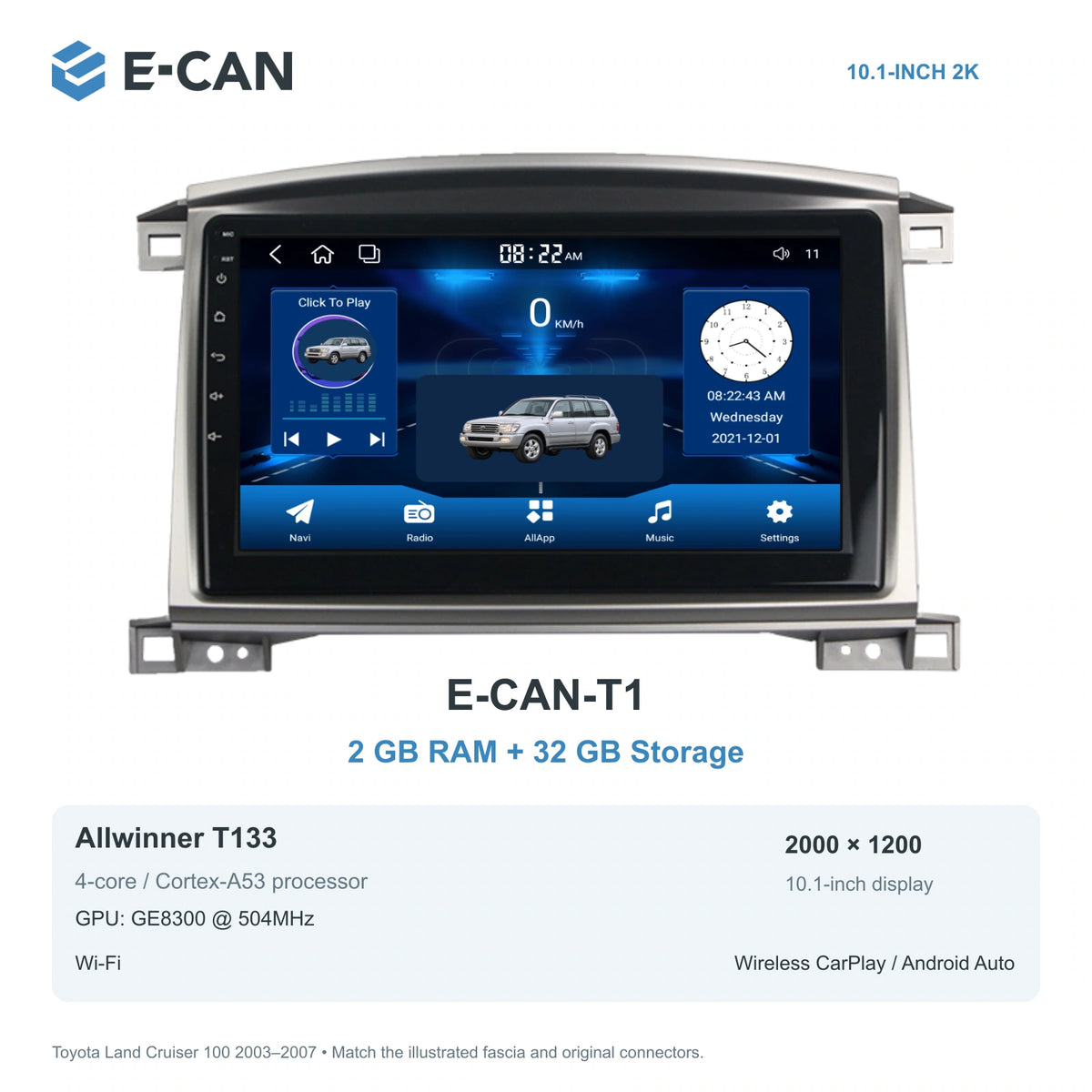 E-CAN Toyota land-cruiser 10.1-inch · Auto A/C · arched-top E-CAN-T1 2GB + 32GB