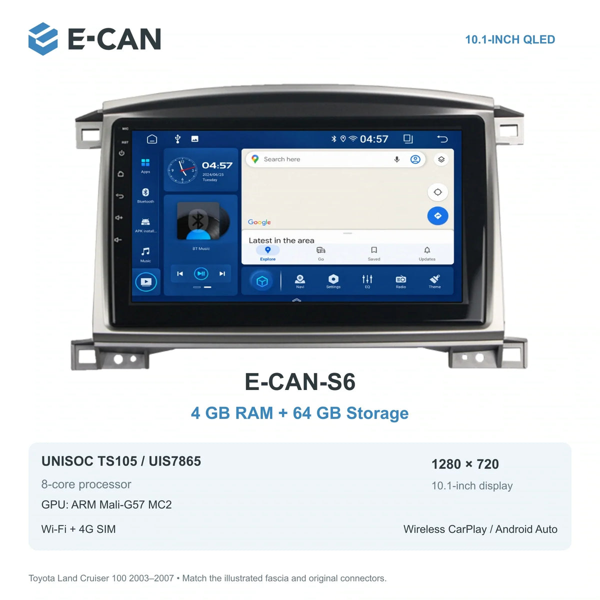 E-CAN Toyota land-cruiser 10.1-inch · Auto A/C · arched-top E-CAN-S6 4GB + 64GB