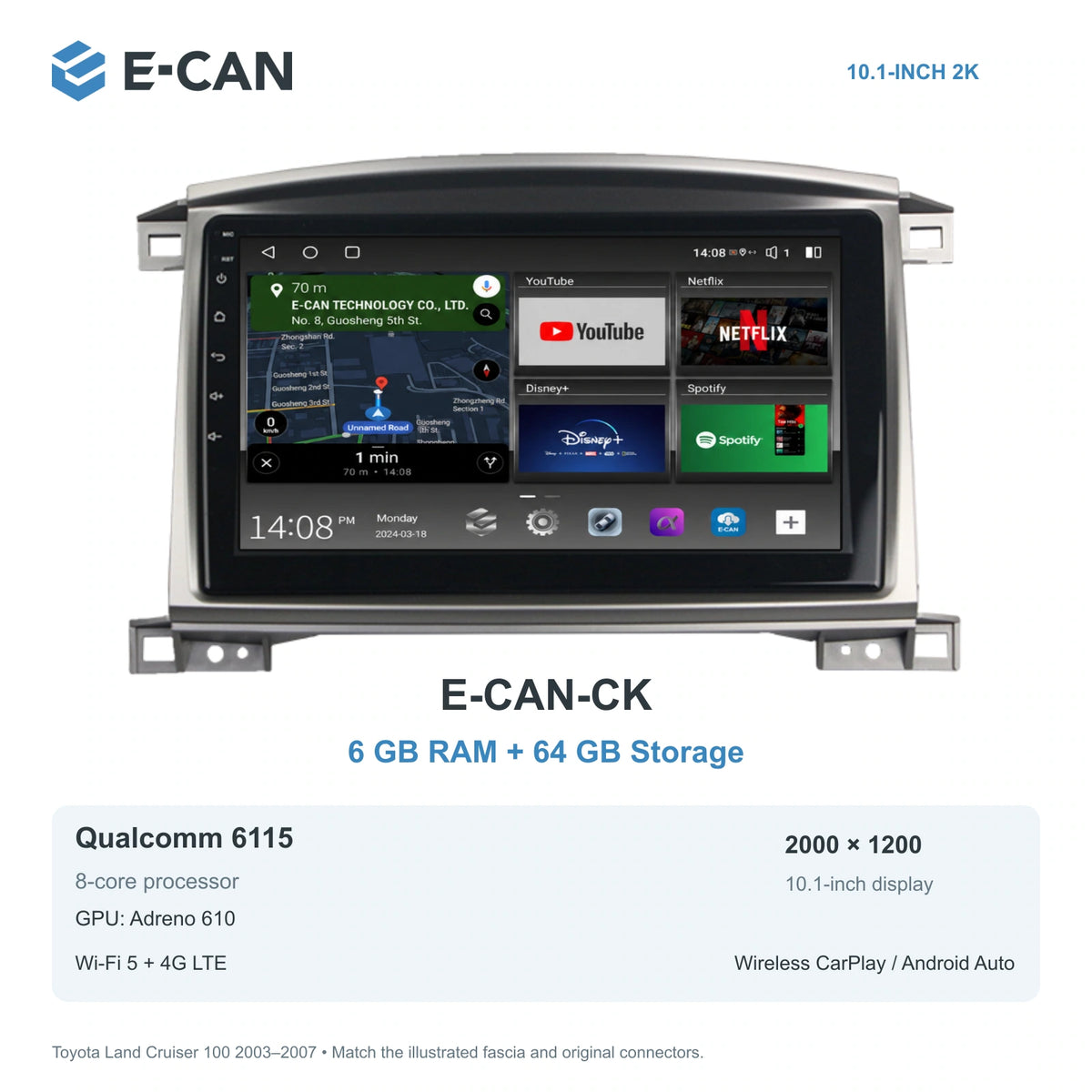 E-CAN Toyota land-cruiser 10.1-inch · Auto A/C · arched-top E-CAN-CK 6GB + 64GB