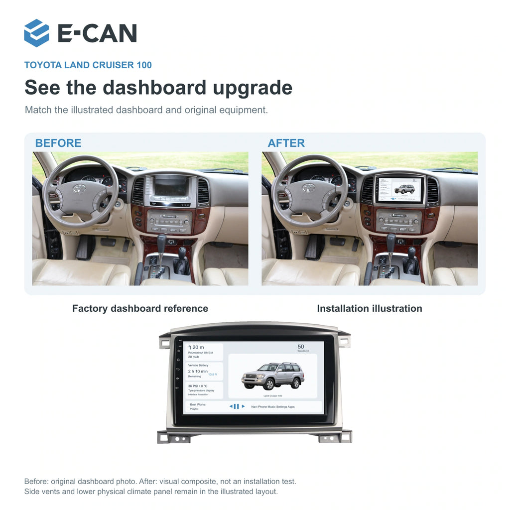 E-CAN Toyota land-cruiser 10.1-inch · Auto A/C · arched-top factory dashboard and installation illustration