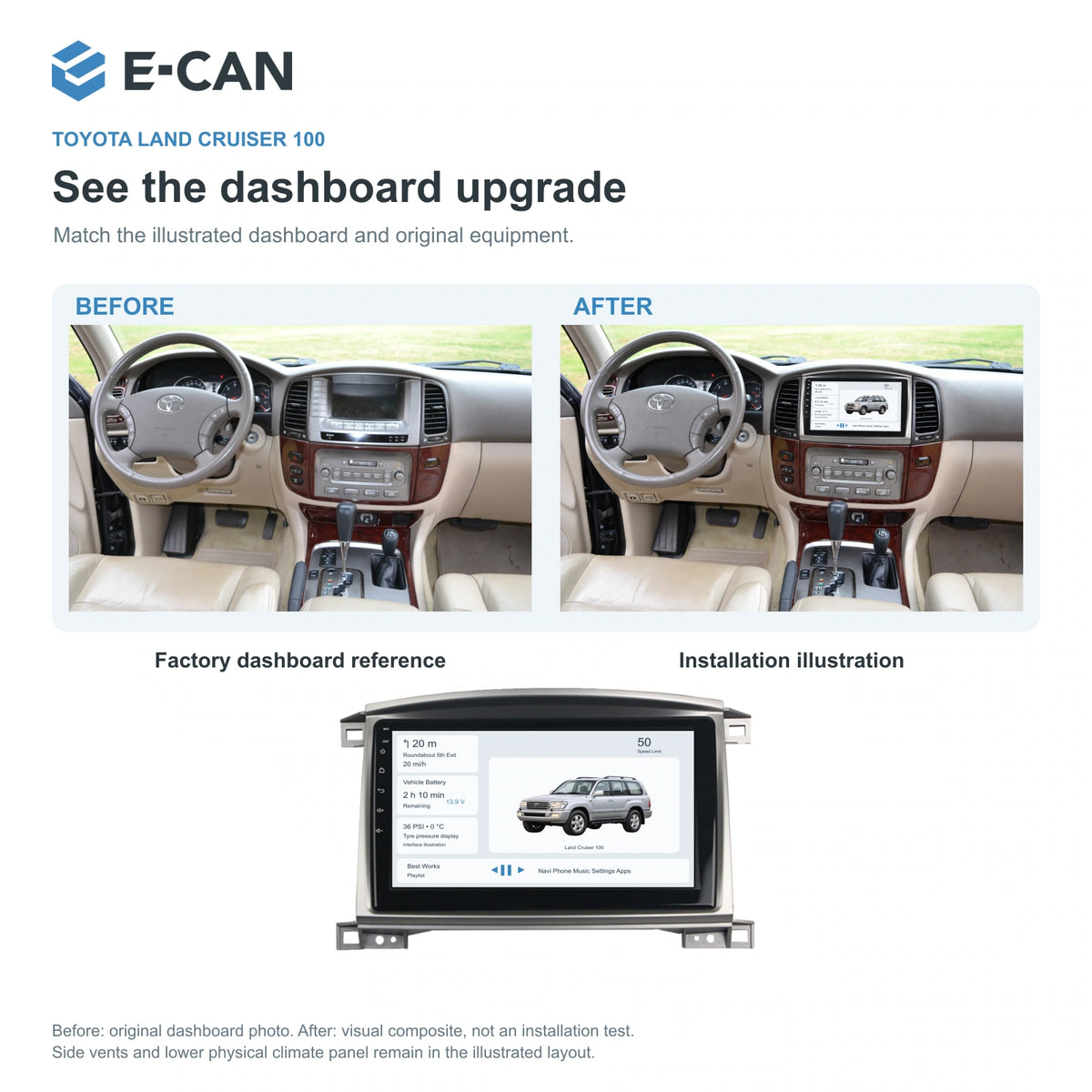E-CAN Toyota land-cruiser 10.1-inch · Auto A/C · arched-top factory dashboard and installation illustration