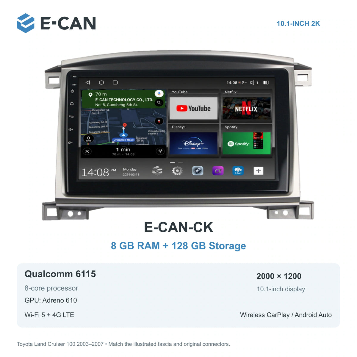 E-CAN Toyota land-cruiser 10.1-inch · Auto A/C · arched-top E-CAN-CK 8GB + 128GB