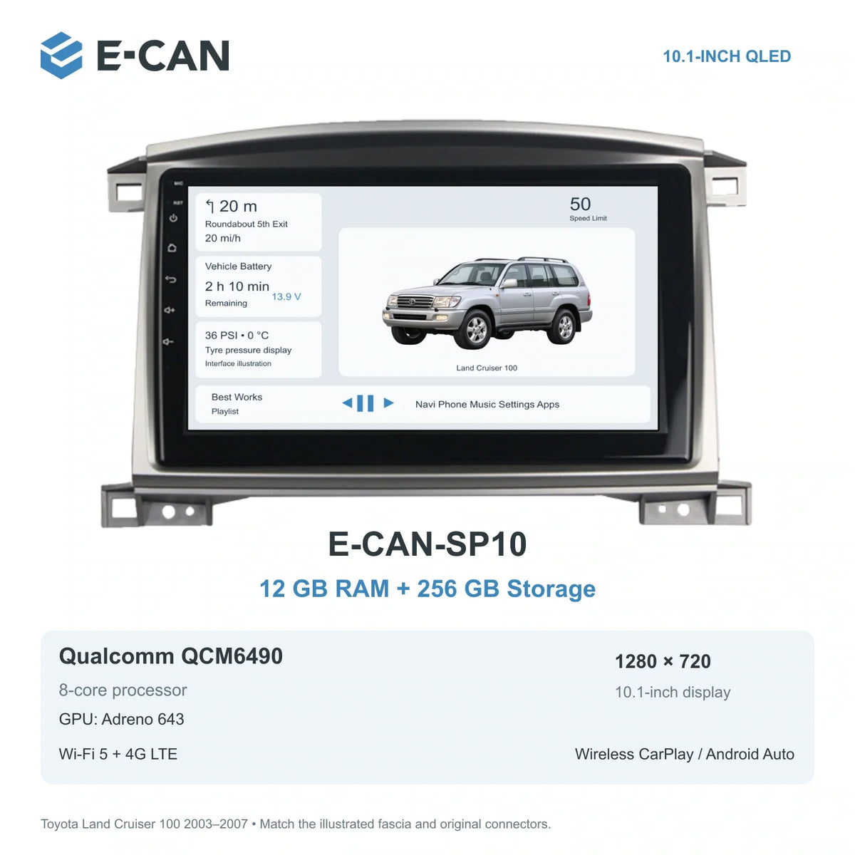 E-CAN Toyota land-cruiser 10.1-inch · Auto A/C · arched-top E-CAN-SP10 12GB + 256GB