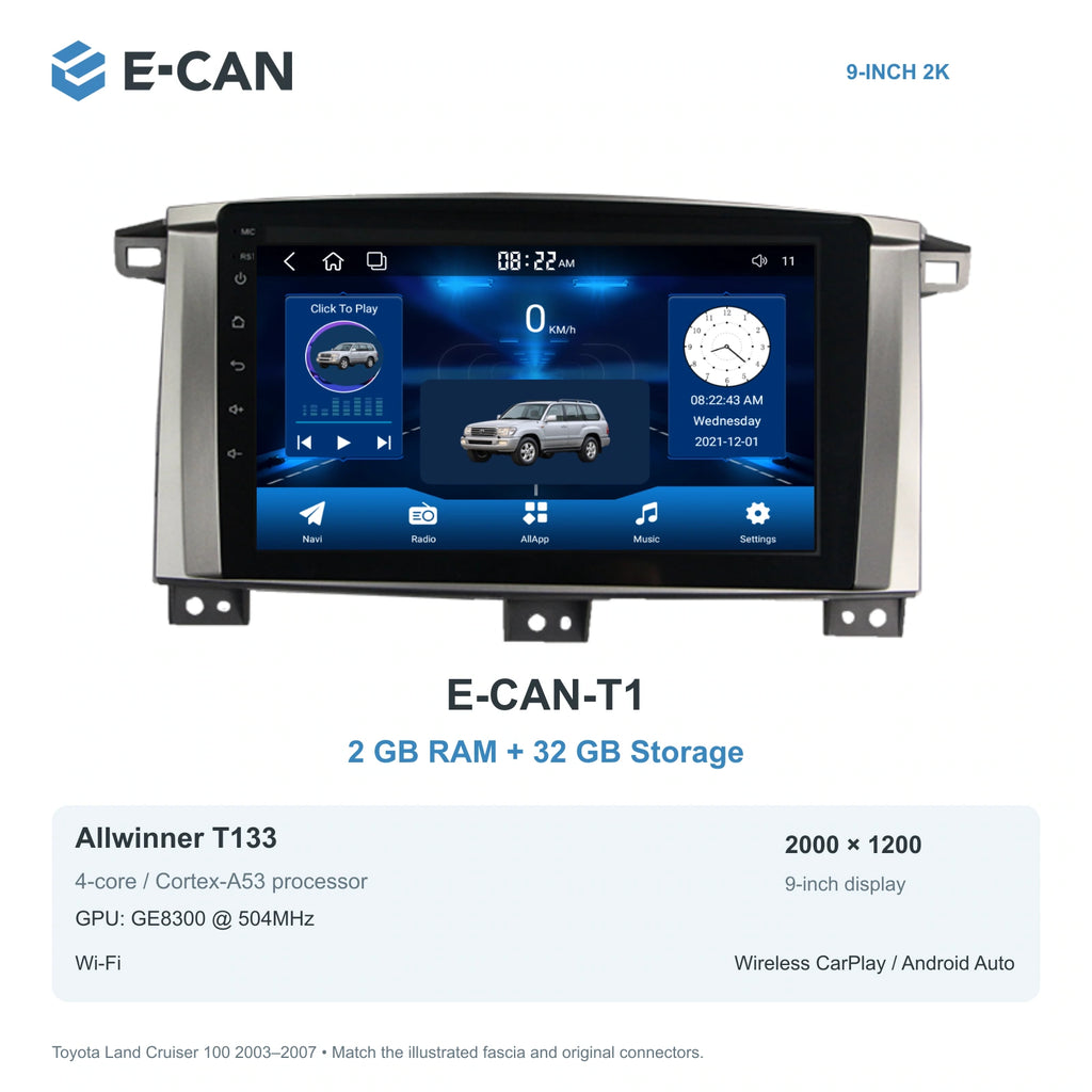 E-CAN Toyota land-cruiser 9-inch · Manual A/C · flat-top E-CAN-T1 2GB + 32GB
