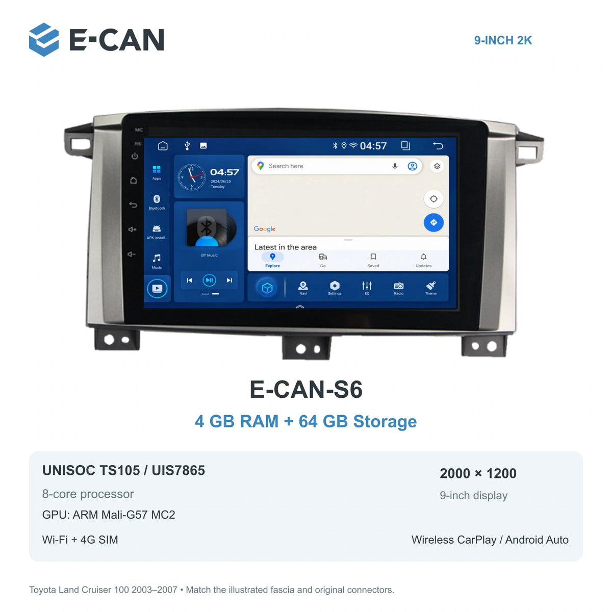 E-CAN Toyota land-cruiser 9-inch · Manual A/C · flat-top E-CAN-S6 4GB + 64GB