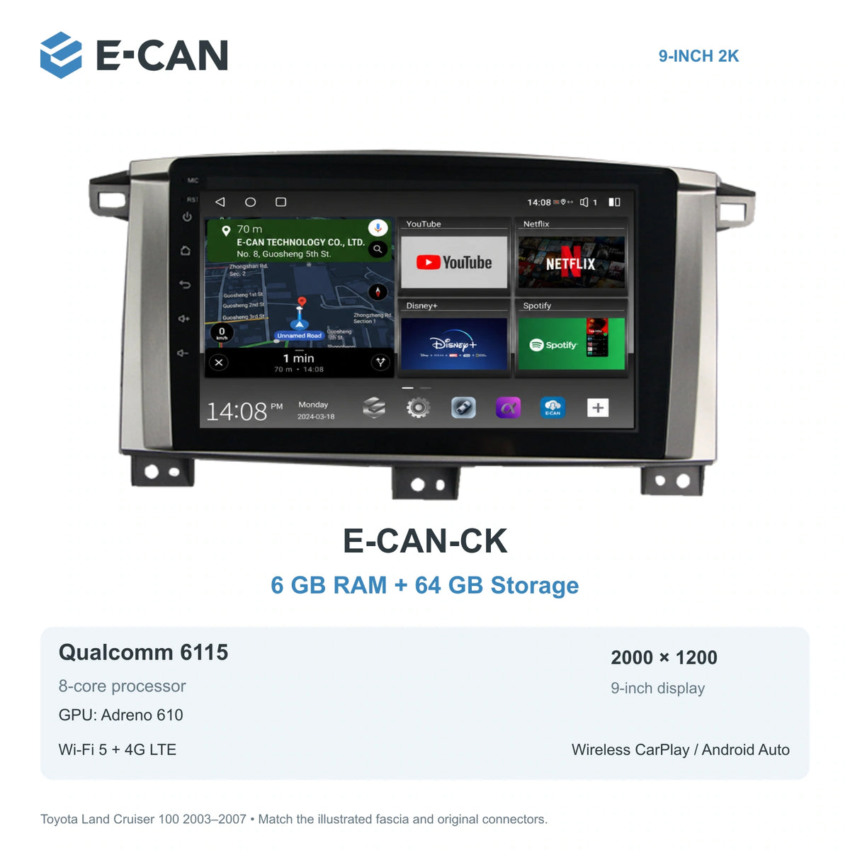 E-CAN Toyota land-cruiser 9-inch · Manual A/C · flat-top E-CAN-CK 6GB + 64GB