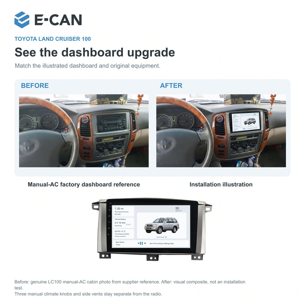E-CAN Toyota land-cruiser 9-inch · Manual A/C · flat-top factory dashboard and installation illustration