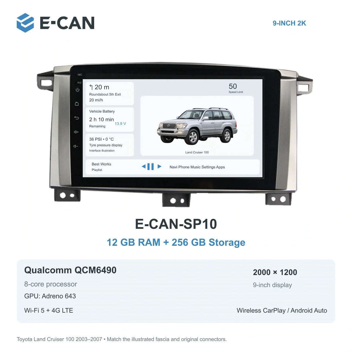 E-CAN Toyota land-cruiser 9-inch · Manual A/C · flat-top E-CAN-SP10 12GB + 256GB