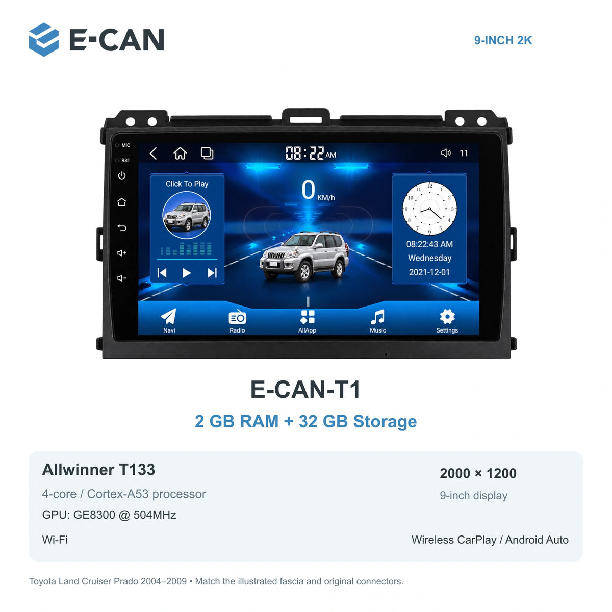 E-CAN Toyota land-cruiser-prado 9-inch · 2004–2009 matched fascia E-CAN-T1 2GB + 32GB