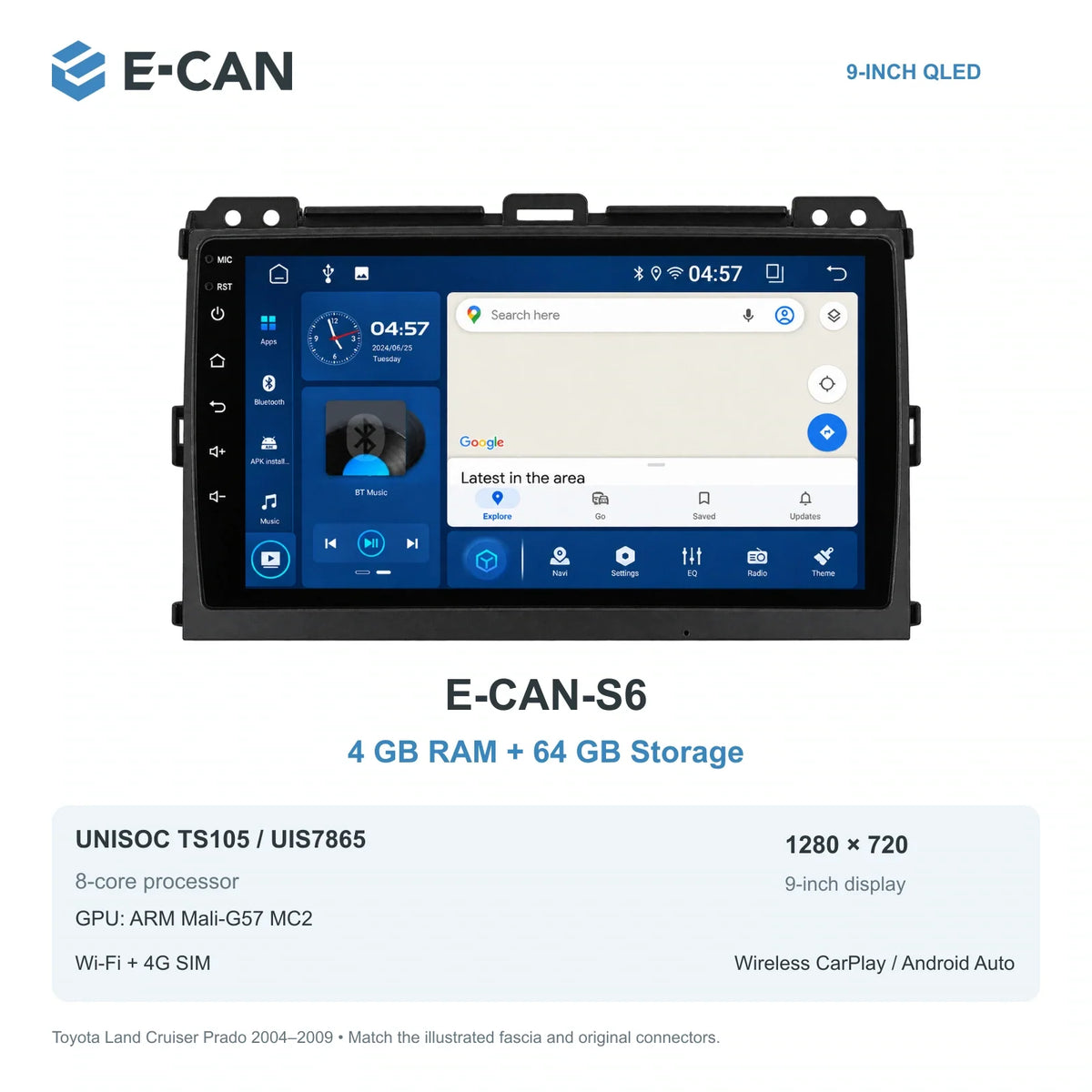 E-CAN Toyota land-cruiser-prado 9-inch · 2004–2009 matched fascia E-CAN-S6 4GB + 64GB