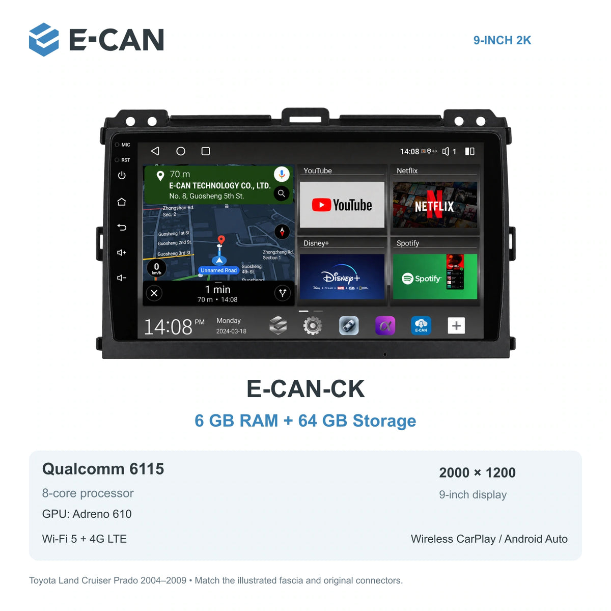 E-CAN Toyota land-cruiser-prado 9-inch · 2004–2009 matched fascia E-CAN-CK 6GB + 64GB