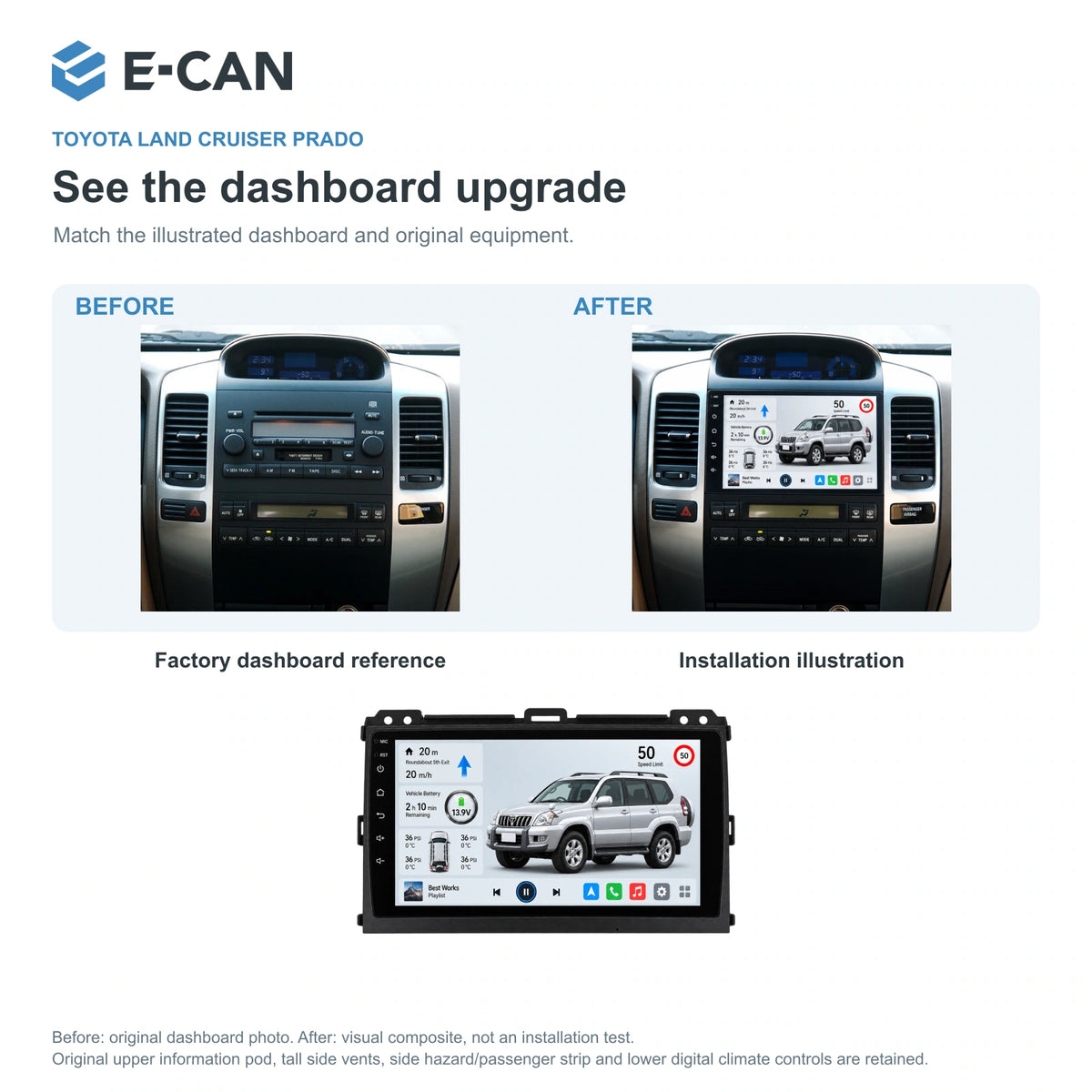 E-CAN Toyota land-cruiser-prado 9-inch · 2004–2009 matched fascia factory dashboard and installation illustration