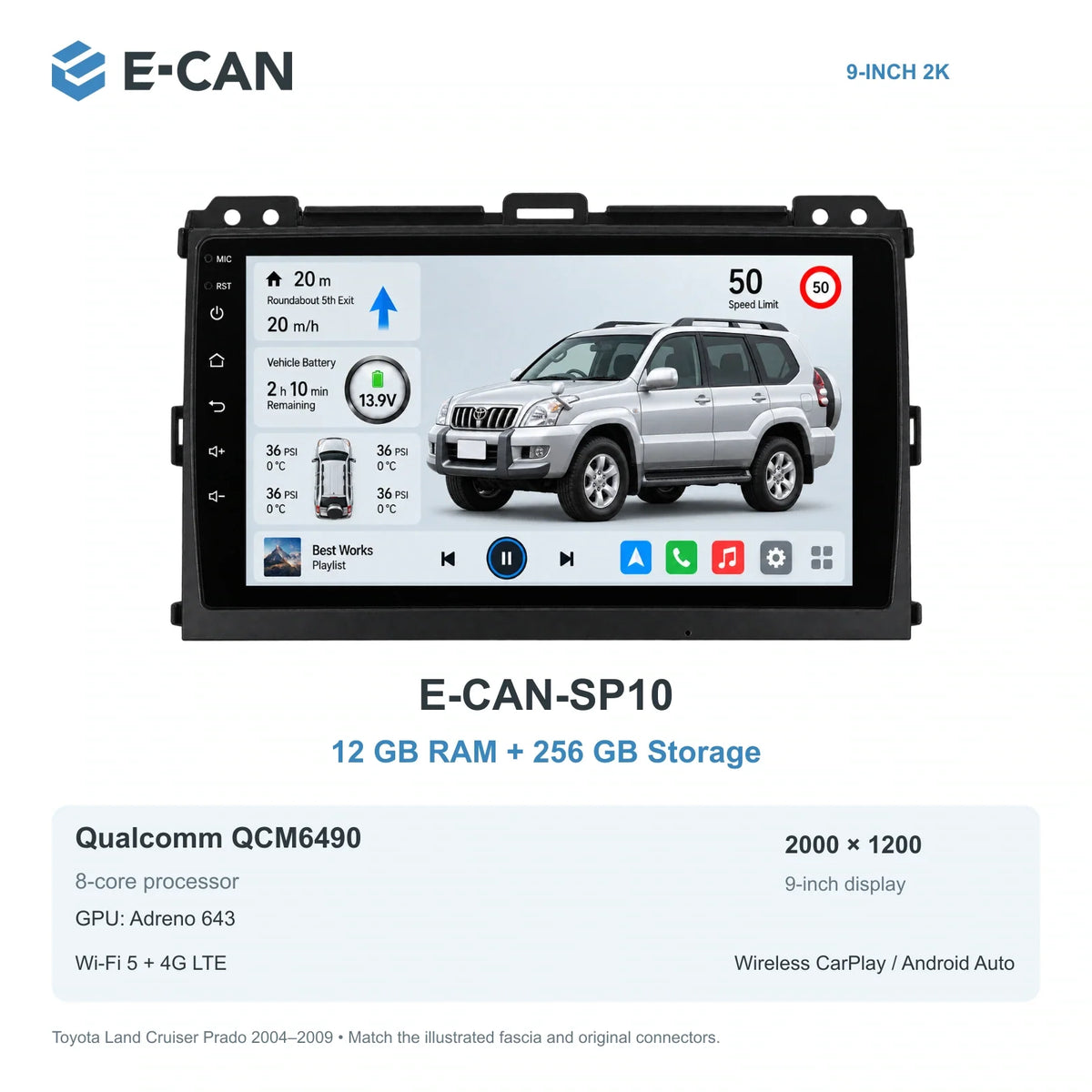 E-CAN Toyota land-cruiser-prado 9-inch · 2004–2009 matched fascia E-CAN-SP10 12GB + 256GB