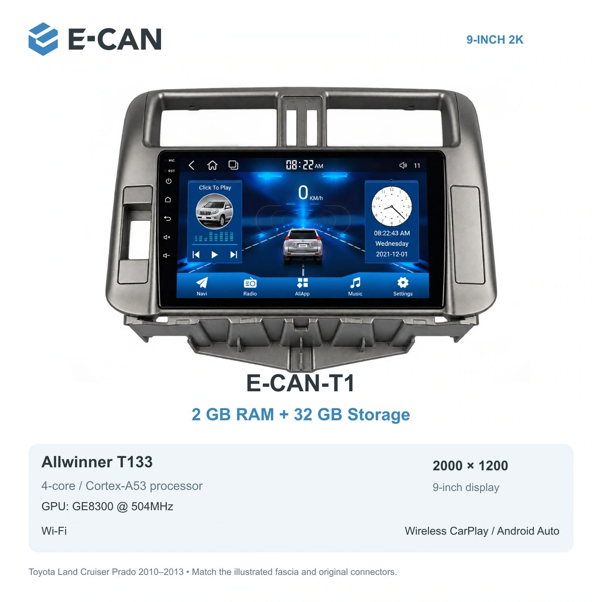 E-CAN Toyota land-cruiser-prado 9-inch LHD · 2010–2013 E-CAN-T1 2GB + 32GB