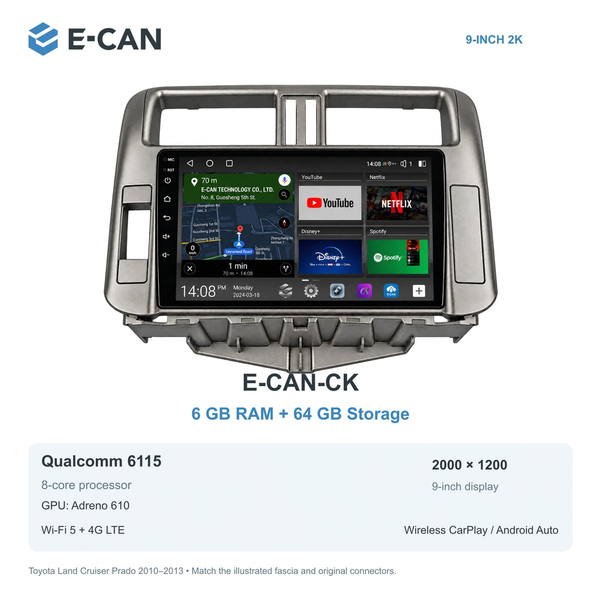 E-CAN Toyota land-cruiser-prado 9-inch LHD · 2010–2013 E-CAN-CK 6GB + 64GB