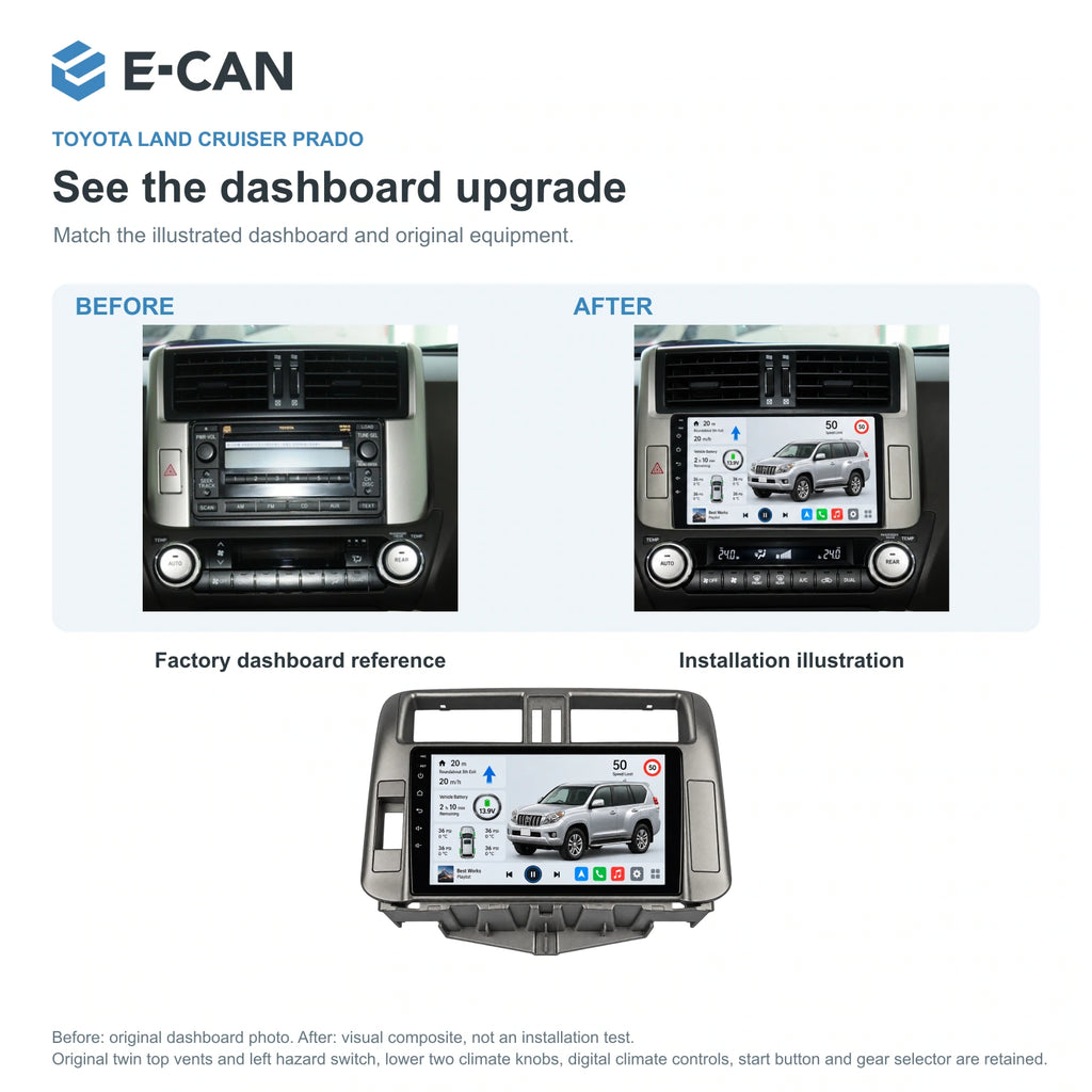 E-CAN Toyota land-cruiser-prado 9-inch LHD · 2010–2013 factory dashboard and installation illustration