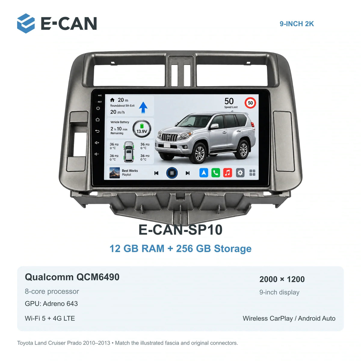 E-CAN Toyota land-cruiser-prado 9-inch LHD · 2010–2013 E-CAN-SP10 12GB + 256GB
