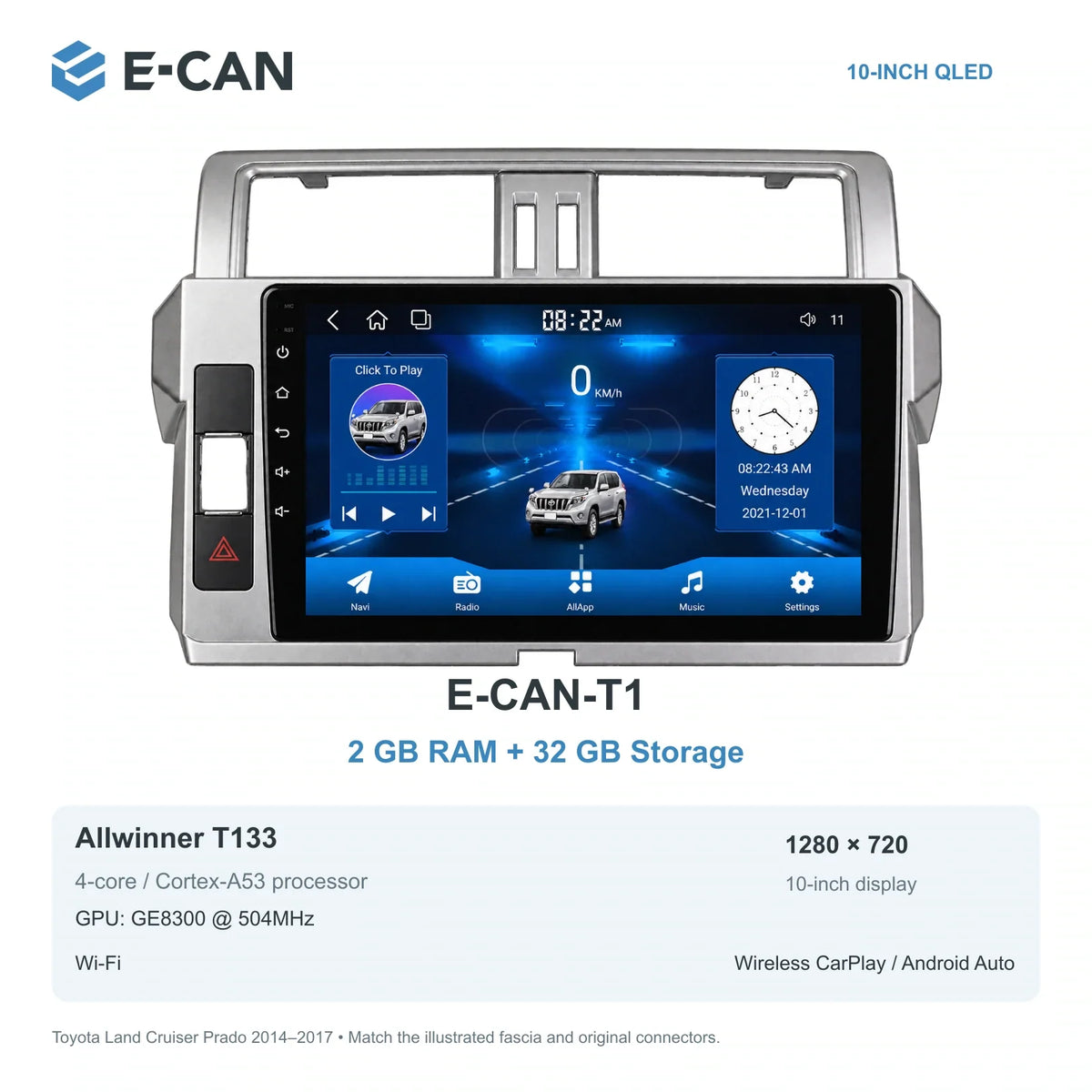 E-CAN Toyota land-cruiser-prado 10-inch first facelift · 2014–2017 E-CAN-T1 2GB + 32GB