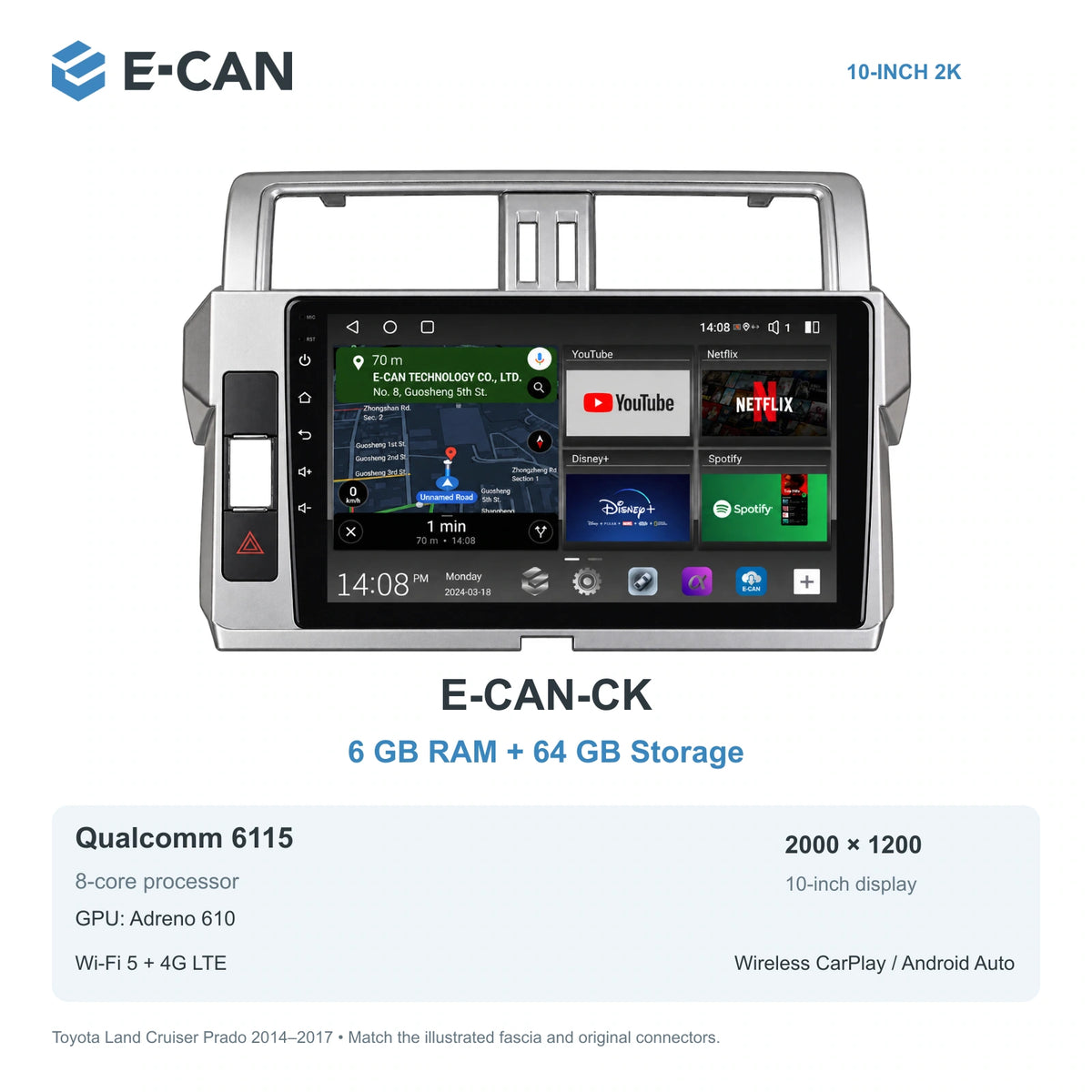 E-CAN Toyota land-cruiser-prado 10-inch first facelift · 2014–2017 E-CAN-CK 6GB + 64GB