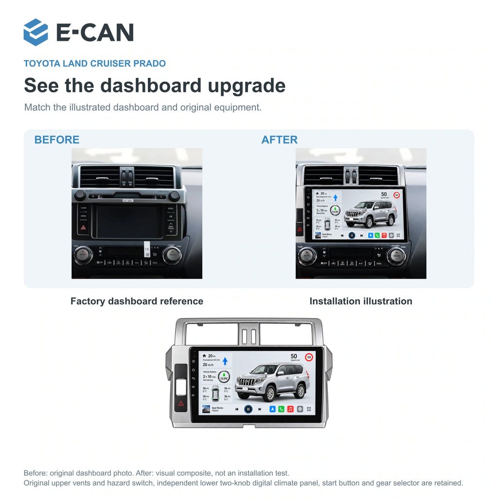 E-CAN Toyota land-cruiser-prado 10-inch first facelift · 2014–2017 factory dashboard and installation illustration