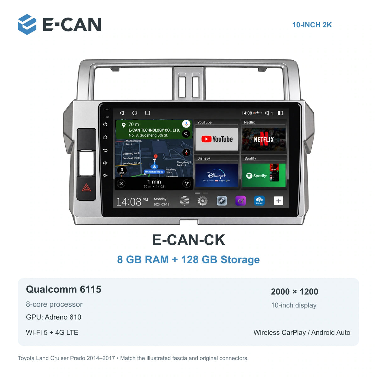 E-CAN Toyota land-cruiser-prado 10-inch first facelift · 2014–2017 E-CAN-CK 8GB + 128GB