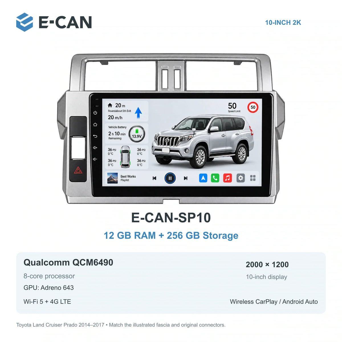 E-CAN Toyota land-cruiser-prado 10-inch first facelift · 2014–2017 E-CAN-SP10 12GB + 256GB