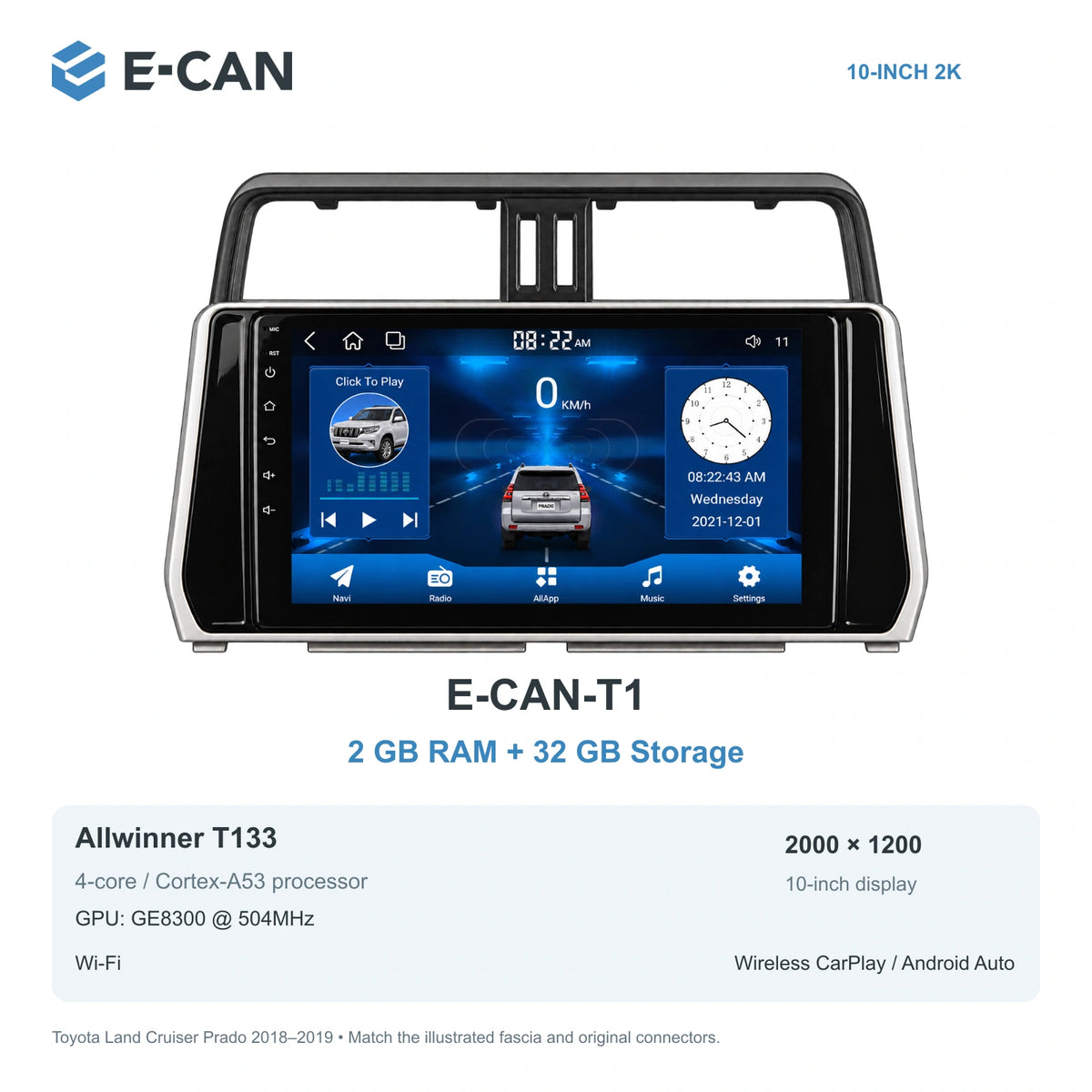 E-CAN Toyota land-cruiser-prado 10-inch second facelift · 2018–2019 E-CAN-T1 2GB + 32GB