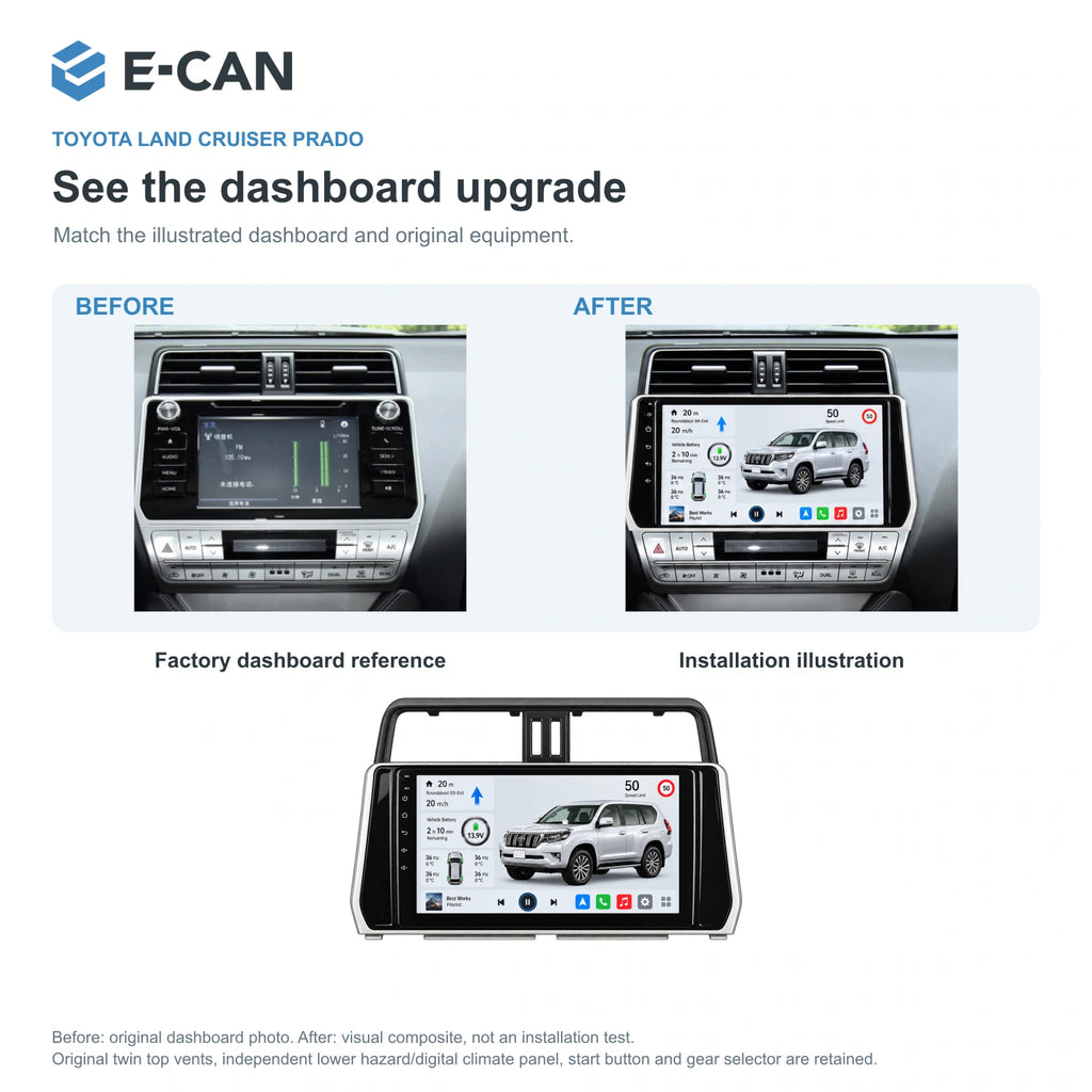 E-CAN Toyota land-cruiser-prado 10-inch second facelift · 2018–2019 factory dashboard and installation illustration