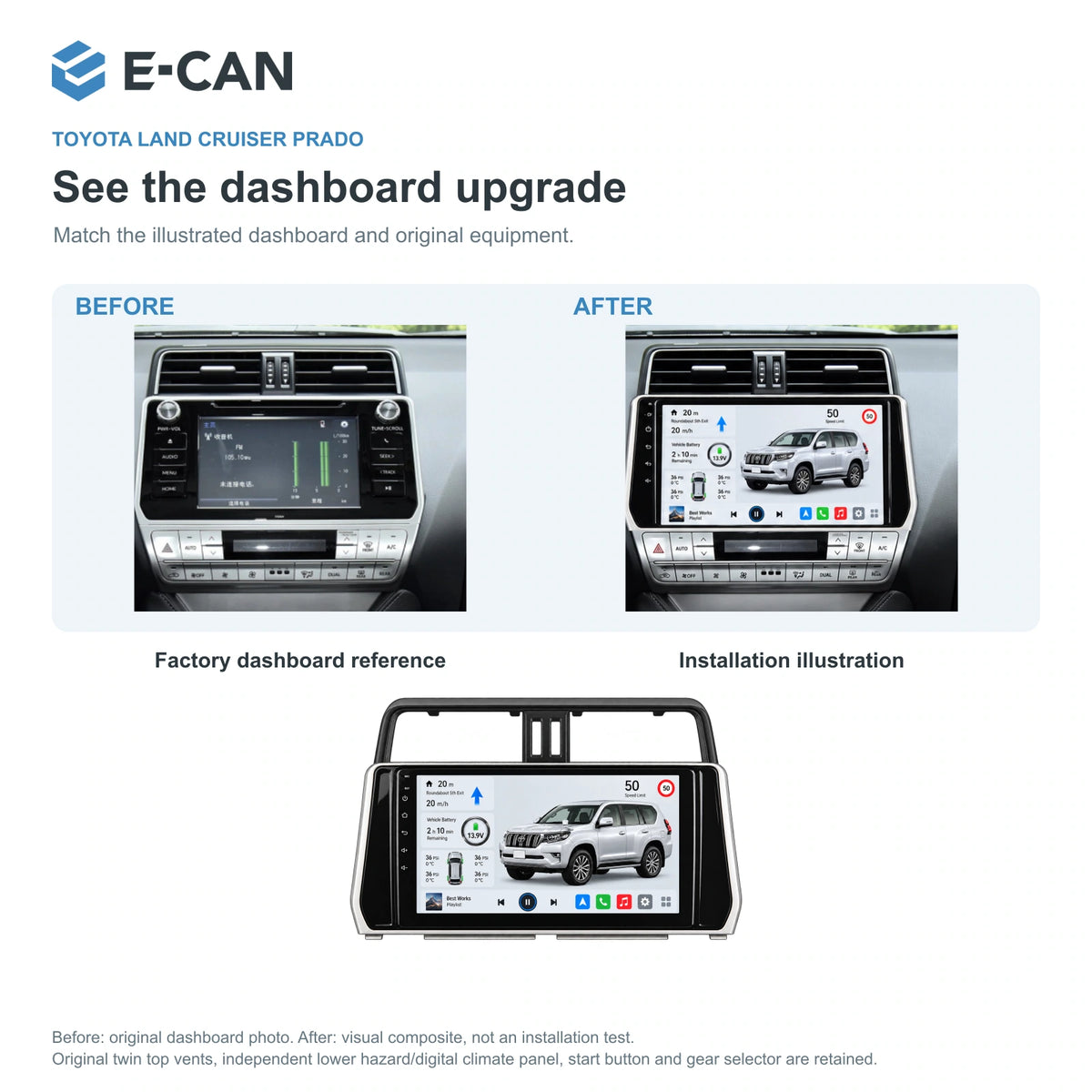 E-CAN Toyota land-cruiser-prado 10-inch second facelift · 2018–2019 factory dashboard and installation illustration