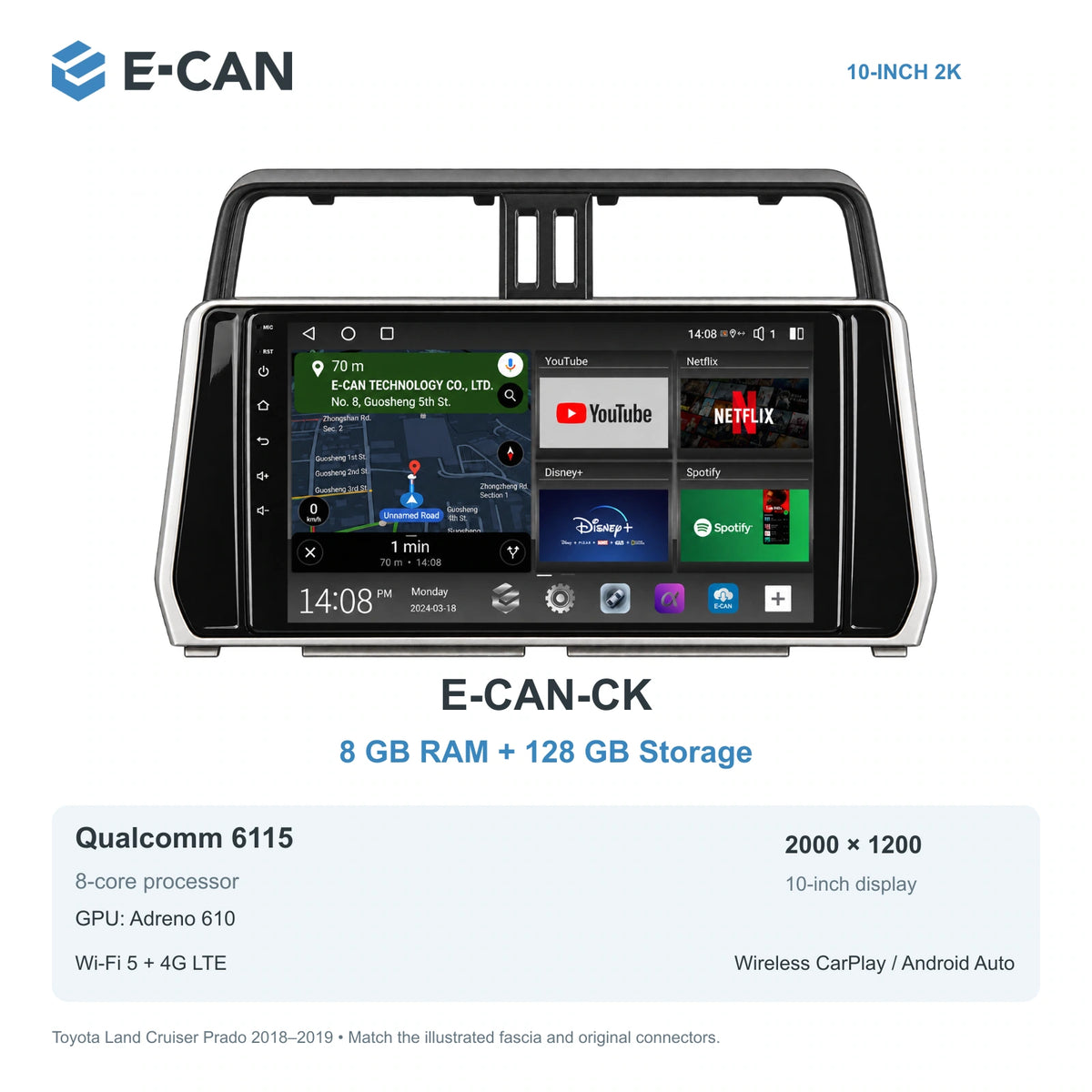 E-CAN Toyota land-cruiser-prado 10-inch second facelift · 2018–2019 E-CAN-CK 8GB + 128GB