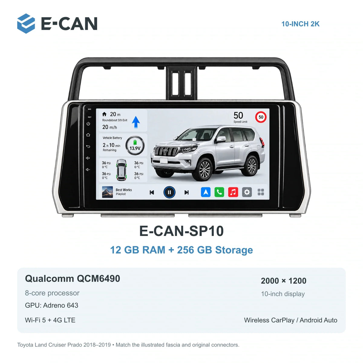 E-CAN Toyota land-cruiser-prado 10-inch second facelift · 2018–2019 E-CAN-SP10 12GB + 256GB